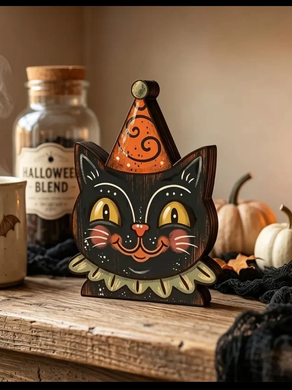 Wooden Halloween Black Cat shelf Decor new